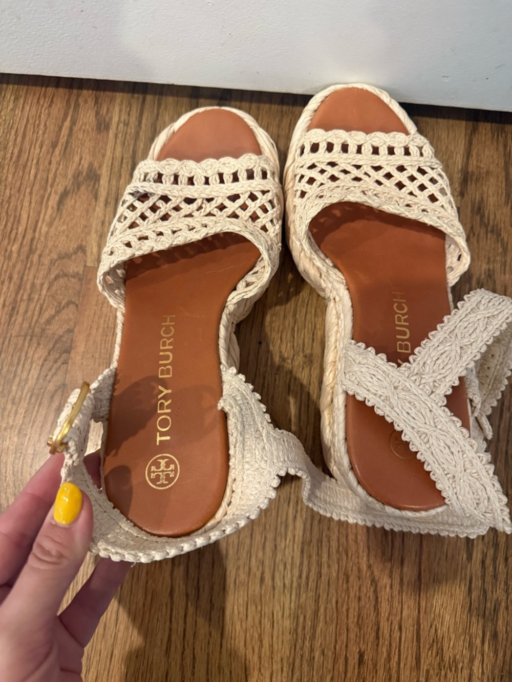 Tory Burch Cream Crochet Wedge Sandals with Gold Buckle - Picture 6 of 6